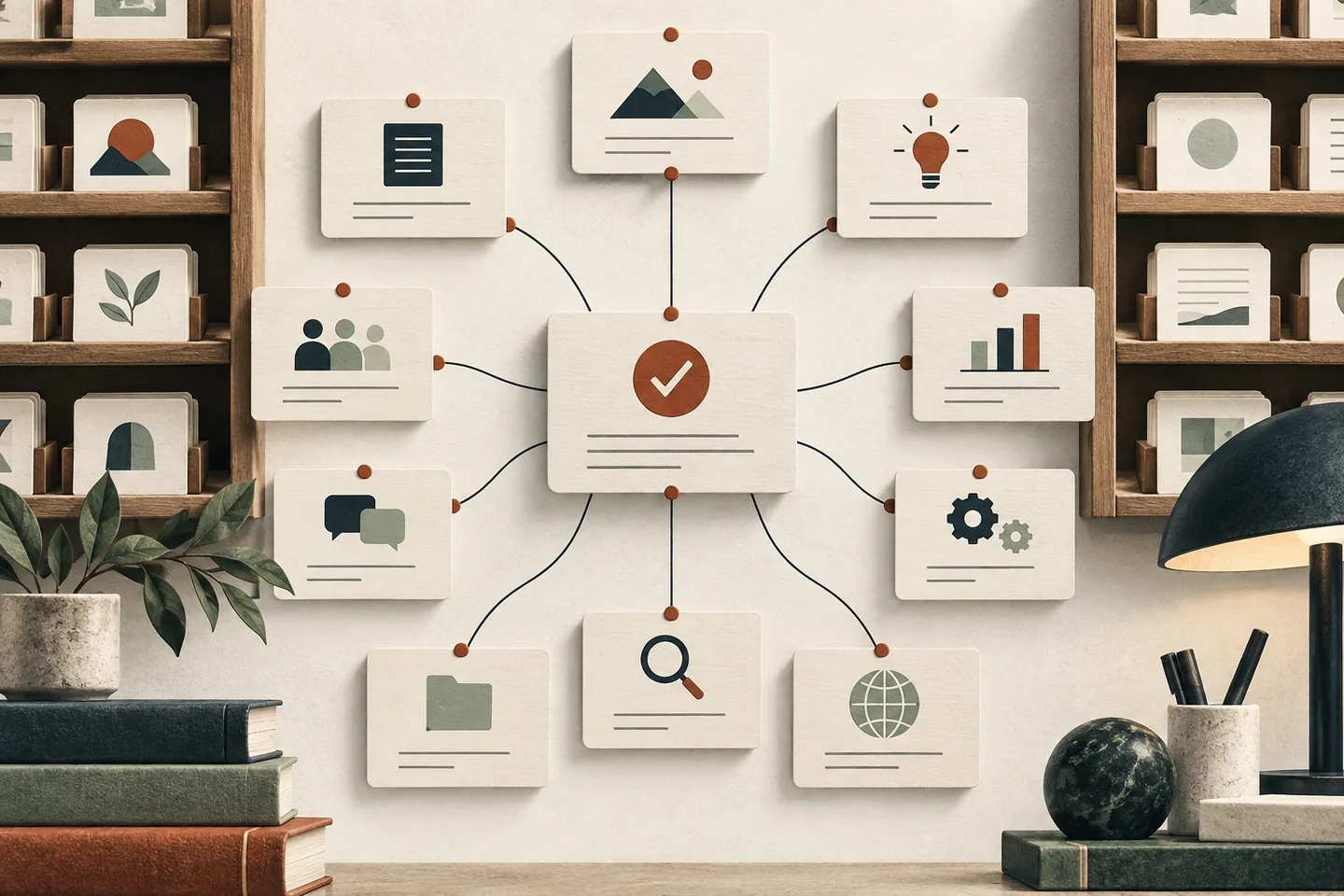 Illustration of shared knowledge cards linked to a checked central card